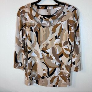 Susan Graver Top Size Medium Peek-a-boo Chest 3/4 Sleeves Tan Cream Back Zip